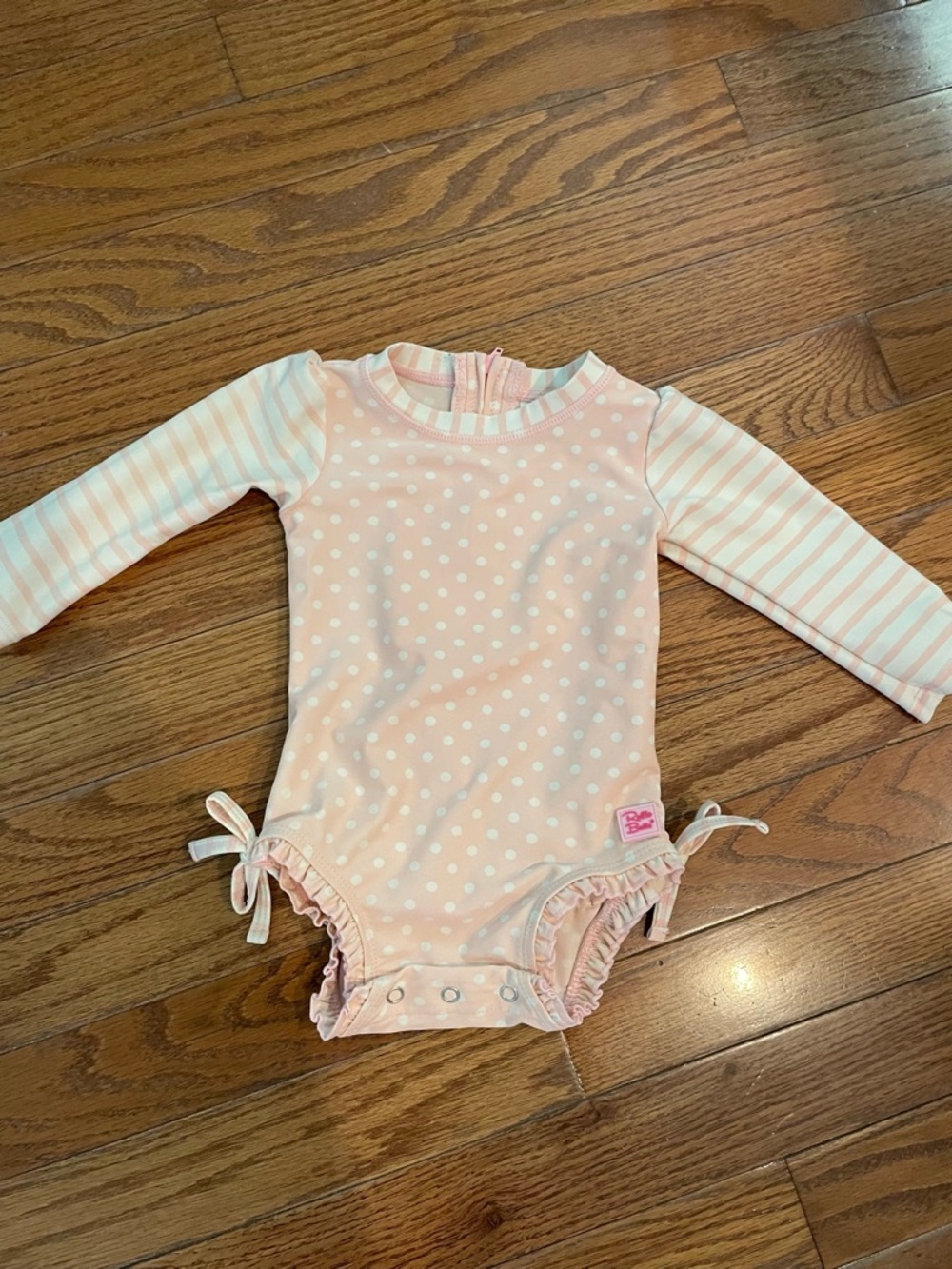 Ruffle Butts Pink White Polka Dot Long-Sleeve One-Piece Swimsuit 6-12 Months